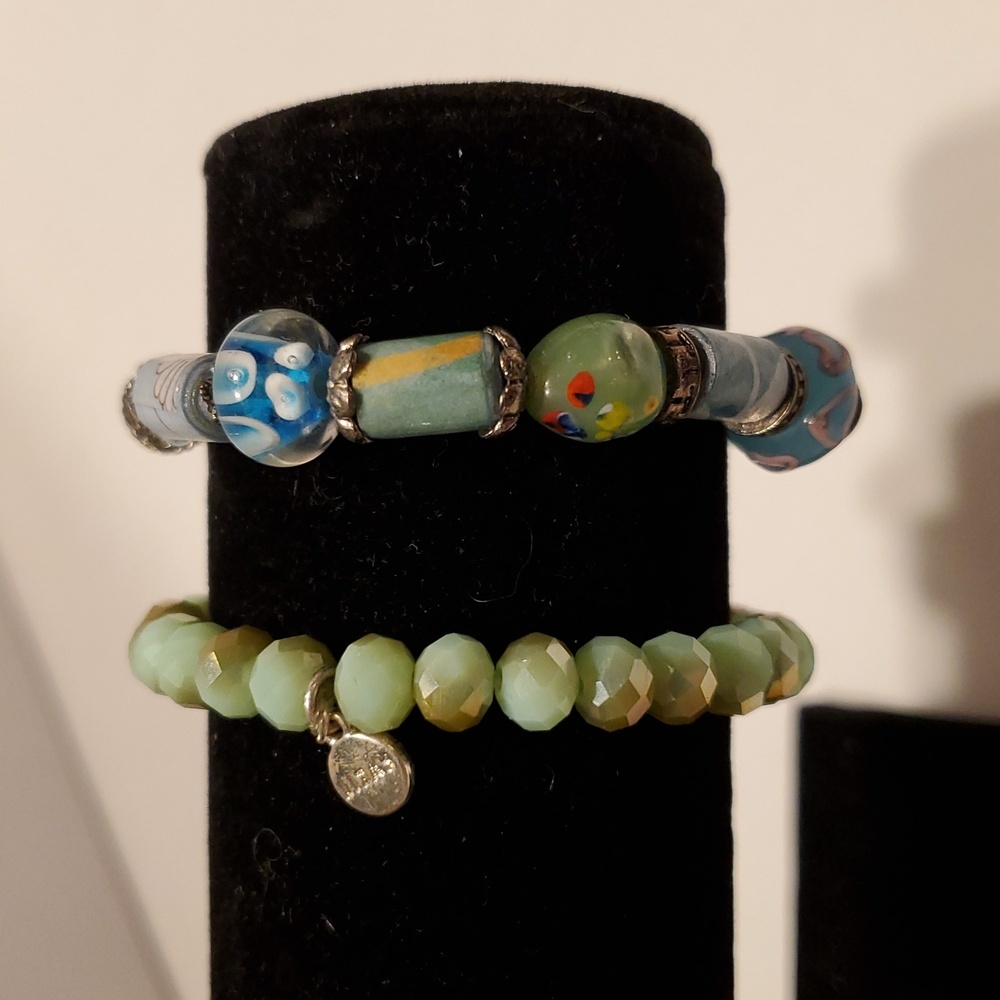 2 Vintage Bracelets One Green Lizas Stretch Bracelet One Blues Glass Beads